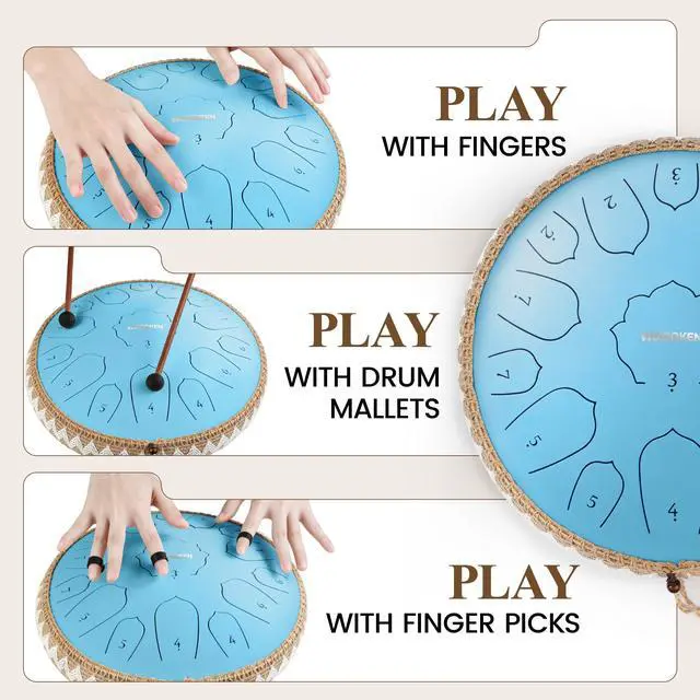 Alt view image 4 of 7 - Steel Tongue Drum Pro- 14 Inch 15 Note Rain Drum - Percussion Instrument for Meditation and Music, Hand Pan Drums with Music Book, Mallets and Carrying Bag (Sky Blue)