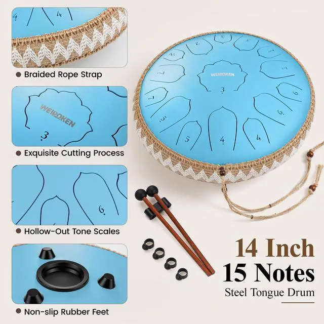 Alt view image 5 of 7 - Steel Tongue Drum Pro- 14 Inch 15 Note Rain Drum - Percussion Instrument for Meditation and Music, Hand Pan Drums with Music Book, Mallets and Carrying Bag (Sky Blue)