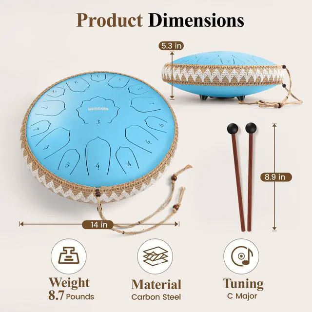 Alt view image 6 of 7 - Steel Tongue Drum Pro- 14 Inch 15 Note Rain Drum - Percussion Instrument for Meditation and Music, Hand Pan Drums with Music Book, Mallets and Carrying Bag (Sky Blue)