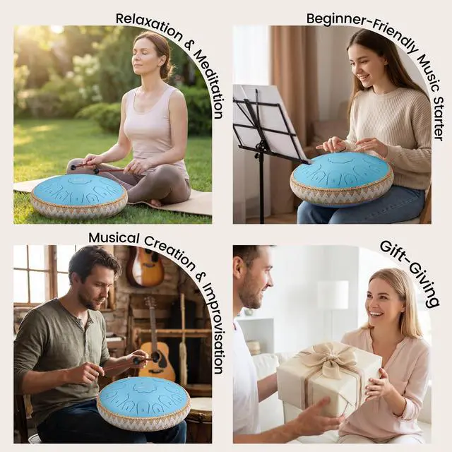 Alt view image 7 of 7 - Steel Tongue Drum Pro- 14 Inch 15 Note Rain Drum - Percussion Instrument for Meditation and Music, Hand Pan Drums with Music Book, Mallets and Carrying Bag (Sky Blue)