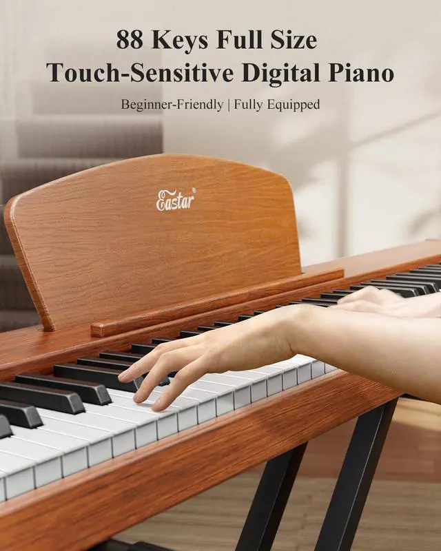 Alt view image 2 of 6 - EP-80 Piano Keyboard 88 Keys, Full Size Electric Keyboard Piano with Velocity-Sensitive Key, Portable Beginner Digital Piano Bundle Piano Stand, Sustain Pedal, Music Stand and Headphones, Brown