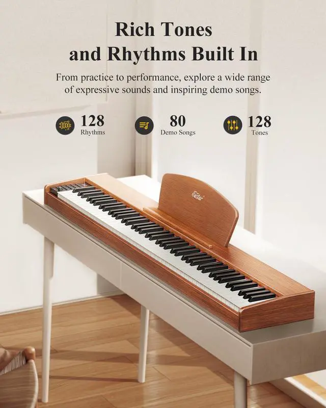 Alt view image 3 of 6 - EP-80 Piano Keyboard 88 Keys, Full Size Electric Keyboard Piano with Velocity-Sensitive Key, Portable Beginner Digital Piano Bundle Piano Stand, Sustain Pedal, Music Stand and Headphones, Brown
