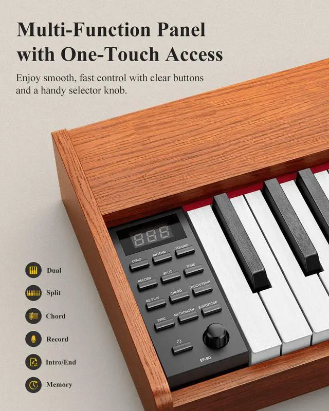 Alt view image 4 of 6 - EP-80 Piano Keyboard 88 Keys, Full Size Electric Keyboard Piano with Velocity-Sensitive Key, Portable Beginner Digital Piano Bundle Piano Stand, Sustain Pedal, Music Stand and Headphones, Brown