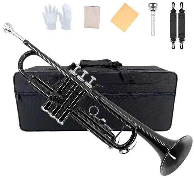 Main image of Bb Standard Trumpet Set for Beginner or Advance Student, Brass Student Trumpet Instrument With Hard Case, 7C Mouthpiece, Cleaning Kit,White Gloves Black