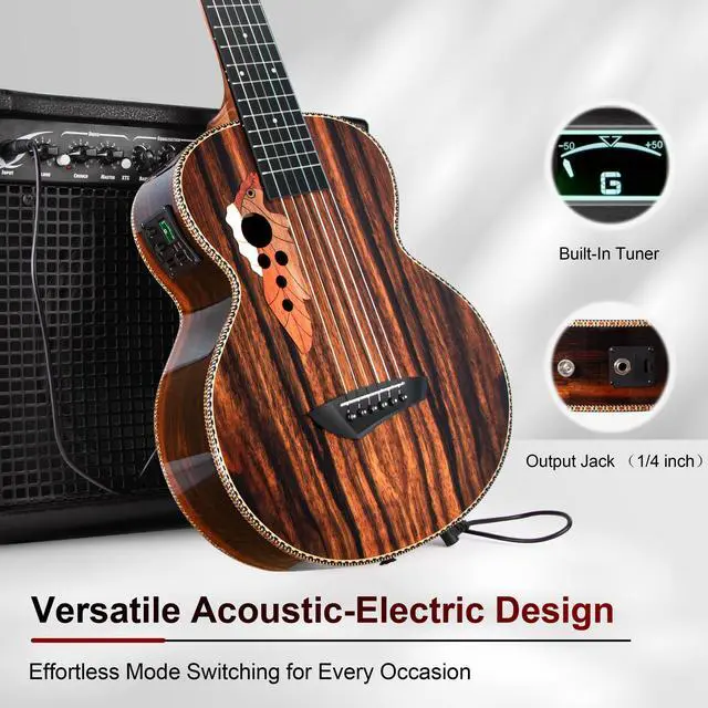 Alt view image 5 of 7 - GEG94 30inch Ebony Wood High Gloss Electric Guitalele | Small Guitar Kit Beginner Guitarlele Starter Bundle Strings, Padded Gig Bag, Strap Set