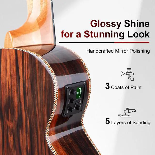 Alt view image 3 of 7 - GEG94 30inch Ebony Wood High Gloss Electric Guitalele | Small Guitar Kit Beginner Guitarlele Starter Bundle Strings, Padded Gig Bag, Strap Set