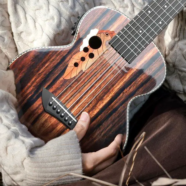 Alt view image 7 of 7 - GEG94 30inch Ebony Wood High Gloss Electric Guitalele | Small Guitar Kit Beginner Guitarlele Starter Bundle Strings, Padded Gig Bag, Strap Set