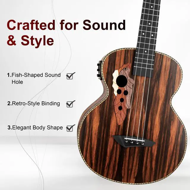 Alt view image 2 of 7 - CB904 30inch Ebony Wood Baritone Electric Ukulele | Beginner Guitar Starter Pack Bundle Gig bag, Strap, Strings Set