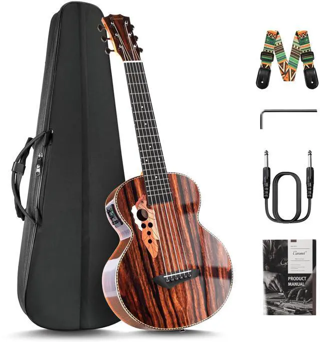 Main image of GEG94 30inch Ebony Wood High Gloss Electric Guitalele | Small Guitar Kit Beginner Guitarlele Starter Bundle Strings, Padded Gig Bag, Strap Set