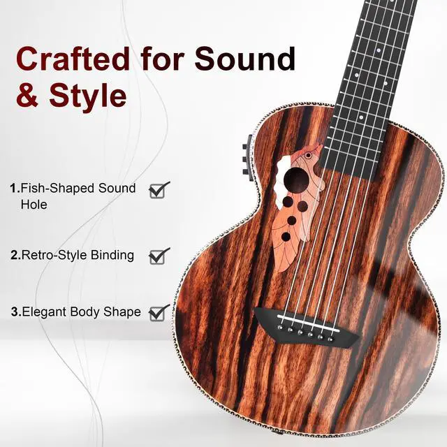 Alt view image 2 of 7 - GEG94 30inch Ebony Wood High Gloss Electric Guitalele | Small Guitar Kit Beginner Guitarlele Starter Bundle Strings, Padded Gig Bag, Strap Set