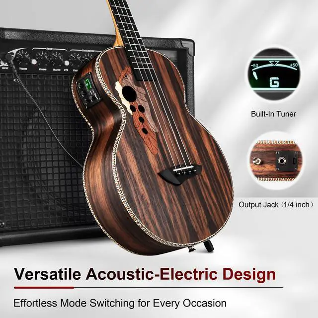 Alt view image 6 of 7 - CB904 30inch Ebony Wood Baritone Electric Ukulele | Beginner Guitar Starter Pack Bundle Gig bag, Strap, Strings Set