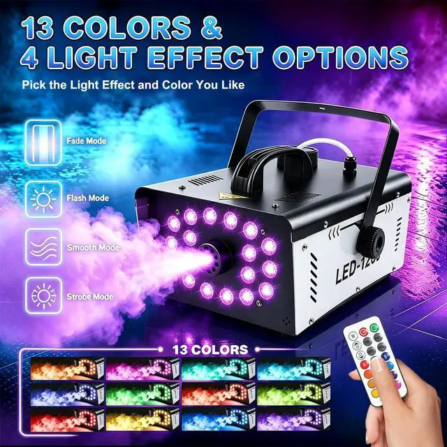 Alt view image 2 of 7 - 1200W Fog Machine Outdoor Indoor, 18 Lights Halloween Smoke Machine Fog | 6000CFM, 13 Colors & Remote Controls for Party Stage Effect