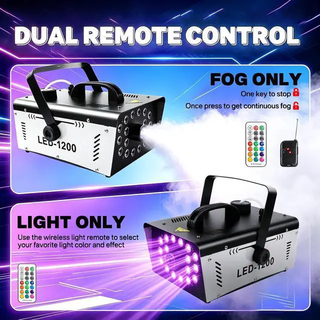 Alt view image 4 of 7 - 1200W Fog Machine Outdoor Indoor, 18 Lights Halloween Smoke Machine Fog | 6000CFM, 13 Colors & Remote Controls for Party Stage Effect