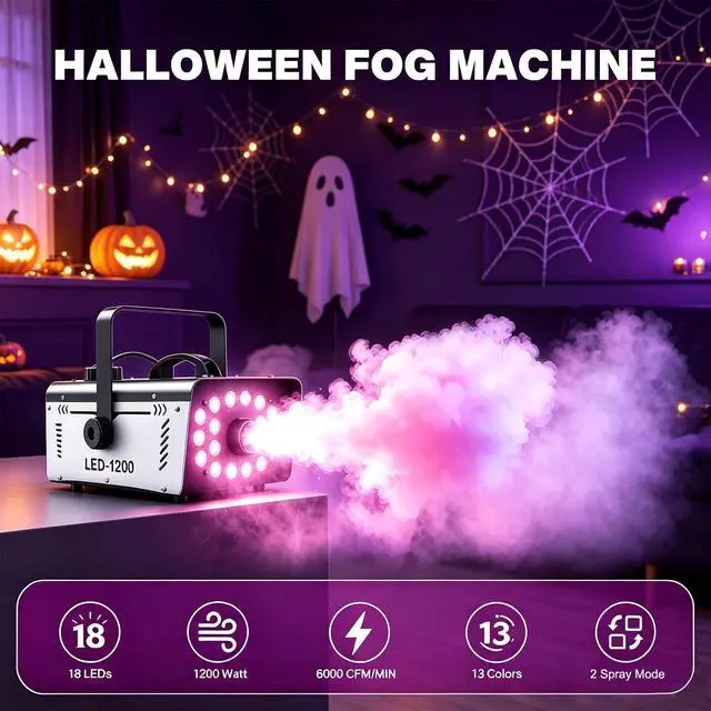 Alt view image 6 of 7 - 1200W Fog Machine Outdoor Indoor, 18 Lights Halloween Smoke Machine Fog | 6000CFM, 13 Colors & Remote Controls for Party Stage Effect