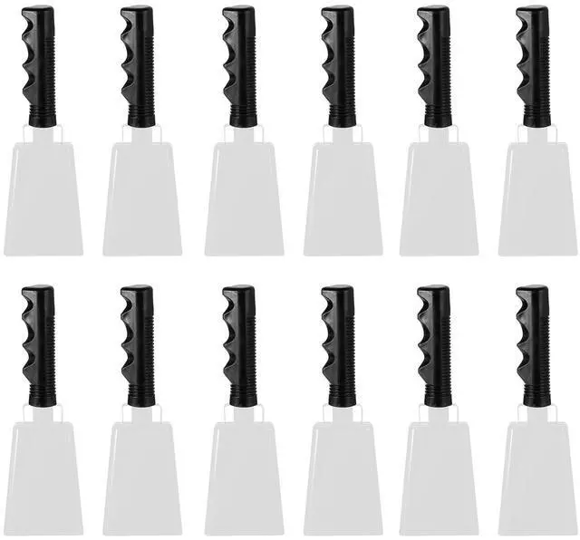 Main image of 9inch Cow Bells for Football Games, 12pcs Cowbells for Sporting Events Bulk Loud Noise Makers Metal Cow Bell with Handle for Cheering Competition Marathon Wedding DIY Paint, White