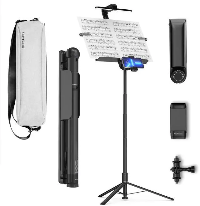 Main image of 66" Portable Music Stand Kit for Music Sheet, Travel Music Stand Full Set Includes Carry Bag, Light, Phone Mount