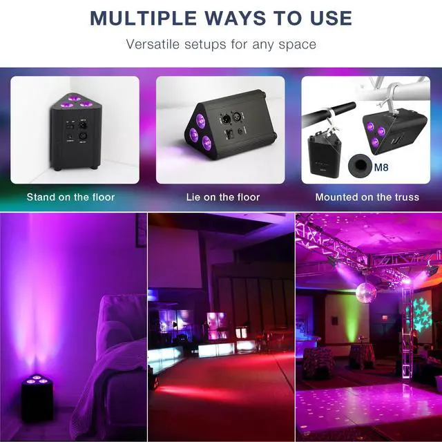 Alt view image 5 of 7 - Battery Powered Stage Par Lights, 4IN1 RGBW Full Color LED | Rechargeable Uplights, 6H All-Color Runtime, Remote & DMX Control, for DJ Event Live Show Wedding Party Church