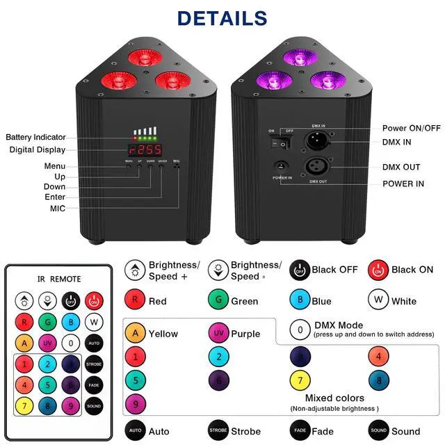 Alt view image 7 of 7 - Battery Powered Stage Par Lights, 4IN1 RGBW Full Color LED | Rechargeable Uplights, 6H All-Color Runtime, Remote & DMX Control, for DJ Event Live Show Wedding Party Church