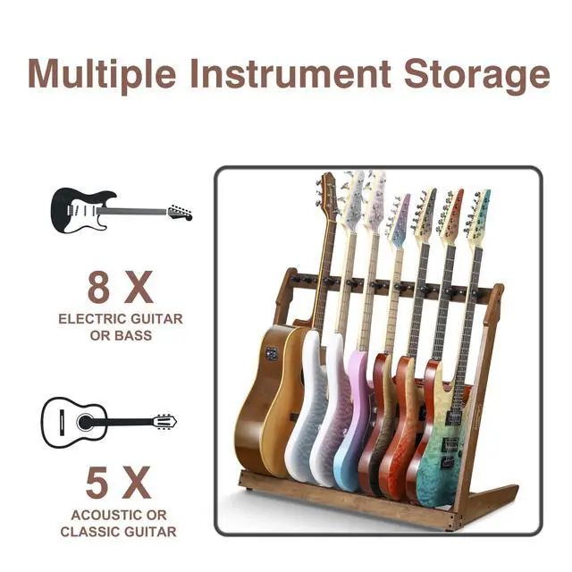 Alt view image 3 of 7 - Multiple Wood Guitar Stand, 5-8 Guitar Rack, 15mm Thick Wood | Holds 5 acoustic or 8 electric/bass guitars, Protective soft foam padding, Scratch-free neck support, Anti-tip weighted base