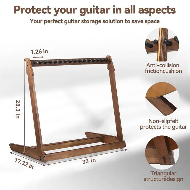 Alt view image 2 of 7 - Multiple Wood Guitar Stand, 5-8 Guitar Rack, 15mm Thick Wood | Holds 5 acoustic or 8 electric/bass guitars, Protective soft foam padding, Scratch-free neck support, Anti-tip weighted base