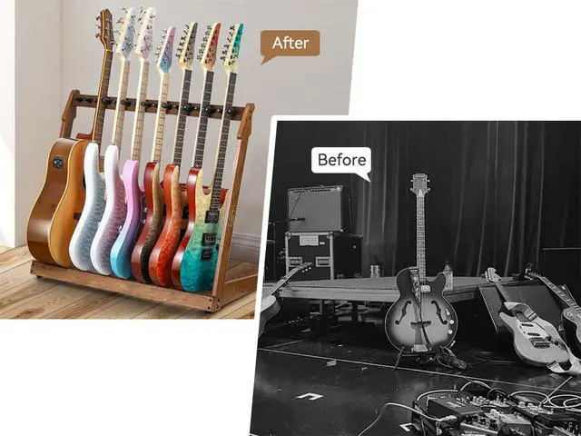 Alt view image 6 of 7 - Multiple Wood Guitar Stand, 4-6 Guitar Rack, 18mm Thick Wood | Holds 4 acoustic or 6 electric/bass guitars, Protective soft foam padding, Scratch-free neck support, Anti-tip weighted base