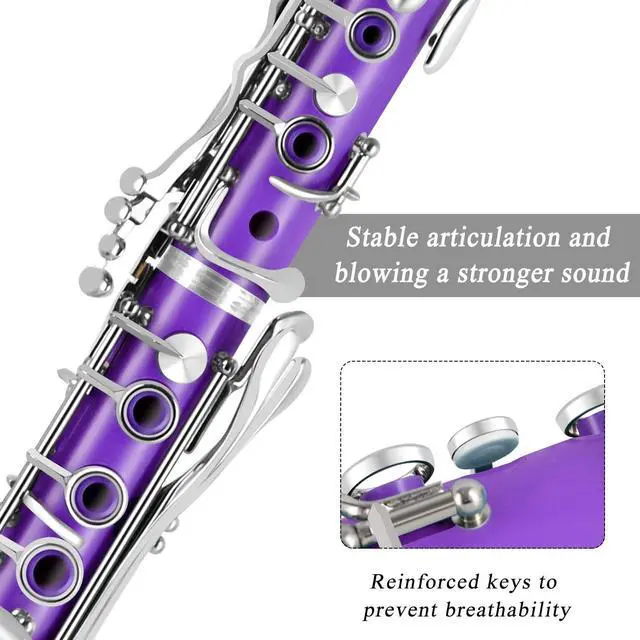 Alt view image 2 of 7 - Bb Clarinet For Beginners Students B Flat Clarinet 17 Keys Clarinet with Case Stand Strap 2 Barrels 8 Mouthpiece Cushion White Gloves(Purple)