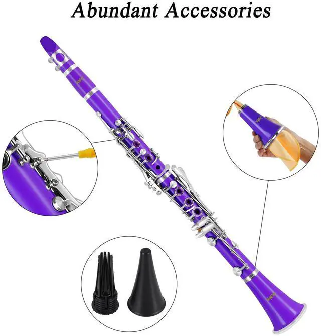 Alt view image 4 of 7 - Bb Clarinet For Beginners Students B Flat Clarinet 17 Keys Clarinet with Case Stand Strap 2 Barrels 8 Mouthpiece Cushion White Gloves(Purple)