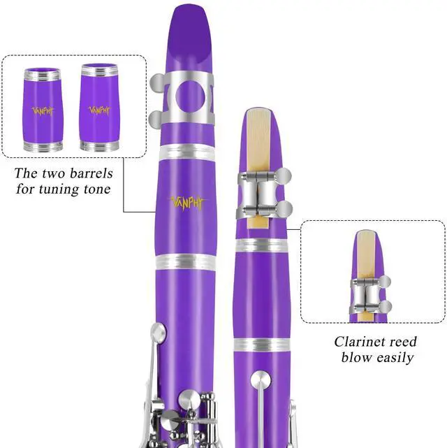 Alt view image 3 of 7 - Bb Clarinet For Beginners Students B Flat Clarinet 17 Keys Clarinet with Case Stand Strap 2 Barrels 8 Mouthpiece Cushion White Gloves(Purple)