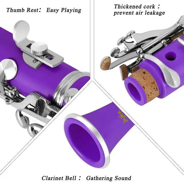 Alt view image 5 of 7 - Bb Clarinet For Beginners Students B Flat Clarinet 17 Keys Clarinet with Case Stand Strap 2 Barrels 8 Mouthpiece Cushion White Gloves(Purple)
