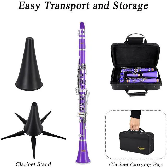 Alt view image 6 of 7 - Bb Clarinet For Beginners Students B Flat Clarinet 17 Keys Clarinet with Case Stand Strap 2 Barrels 8 Mouthpiece Cushion White Gloves(Purple)