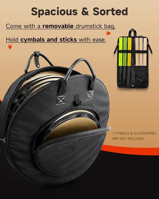 Alt view image 2 of 7 - Cymbal Bag with Drumstick Bag, Cymbal Backpack with Handle and Hideable Dual Shoulder Straps, Holds 6 Cymbals and 6 Drum Sticks, Fits Ride up to 24 Inch
