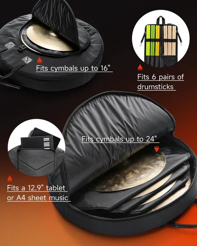 Alt view image 5 of 7 - Cymbal Bag with Drumstick Bag, Cymbal Backpack with Handle and Hideable Dual Shoulder Straps, Holds 6 Cymbals and 6 Drum Sticks, Fits Ride up to 24 Inch