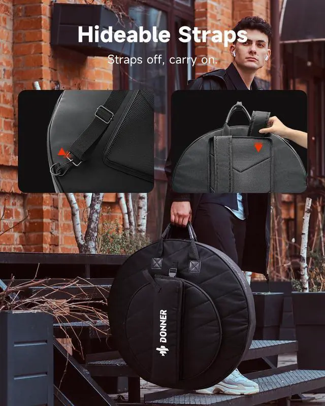 Alt view image 6 of 7 - Cymbal Bag with Drumstick Bag, Cymbal Backpack with Handle and Hideable Dual Shoulder Straps, Holds 6 Cymbals and 6 Drum Sticks, Fits Ride up to 24 Inch
