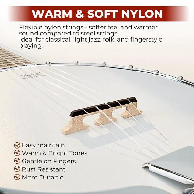 Alt view image 2 of 7 - NYLON Banjo 5 String Kit, 38 Inch Full Size Banjo with Nylon Strings with Gig Bag, Premium Accessories Outfit, Starter Kit for Beginners Adults Teens, Brown
