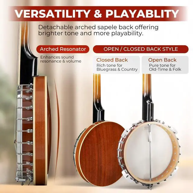 Alt view image 3 of 7 - NYLON Banjo 5 String Kit, 38 Inch Full Size Banjo with Nylon Strings with Gig Bag, Premium Accessories Outfit, Starter Kit for Beginners Adults Teens, Brown
