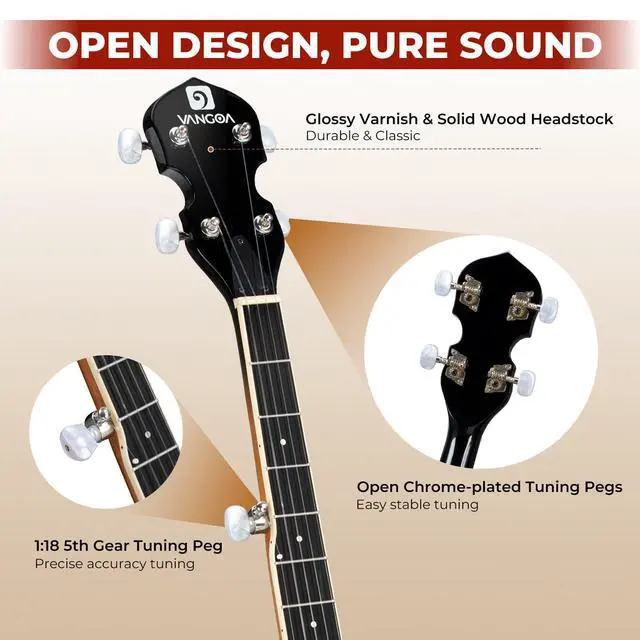 Alt view image 5 of 7 - NYLON Banjo 5 String Kit, 38 Inch Full Size Banjo with Nylon Strings with Gig Bag, Premium Accessories Outfit, Starter Kit for Beginners Adults Teens, Brown