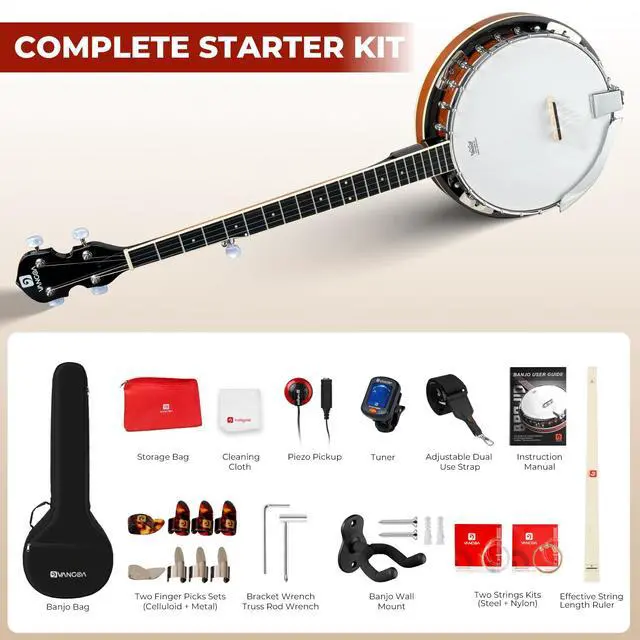 Alt view image 6 of 7 - NYLON Banjo 5 String Kit, 38 Inch Full Size Banjo with Nylon Strings with Gig Bag, Premium Accessories Outfit, Starter Kit for Beginners Adults Teens, Brown