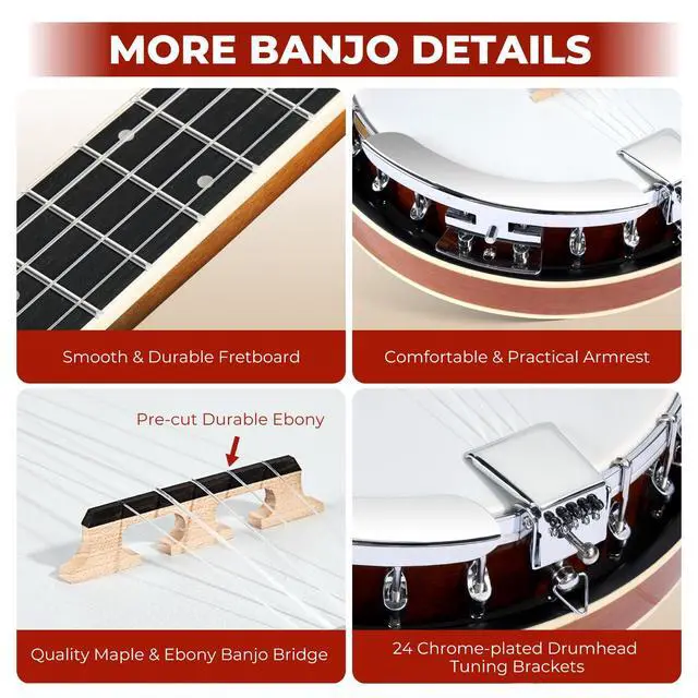 Alt view image 7 of 7 - NYLON Banjo 5 String Kit, 38 Inch Full Size Banjo with Nylon Strings with Gig Bag, Premium Accessories Outfit, Starter Kit for Beginners Adults Teens, Brown
