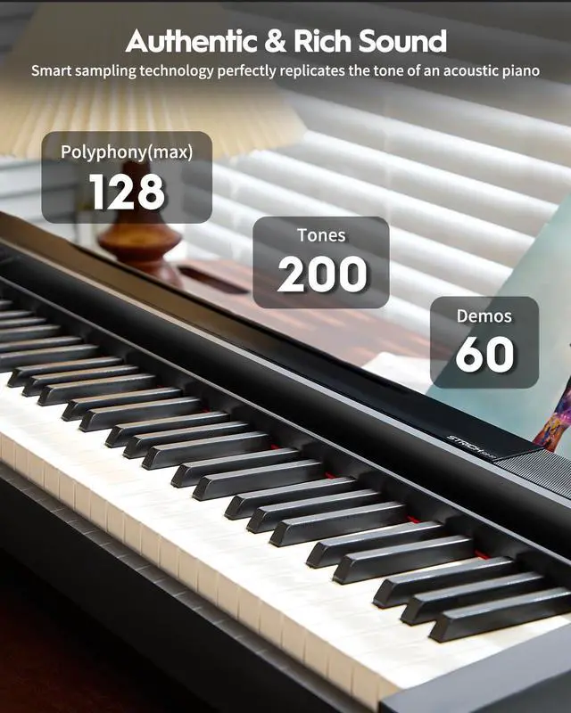 Alt view image 2 of 7 - Digital Piano 88 Key Full Size Weighted Keyboard, Hammer-Action Portable Electric Piano For Beginner Adults, Bundle With Sustain Pedal, Piano Stickers, Music Rest, Black, SDP-P7