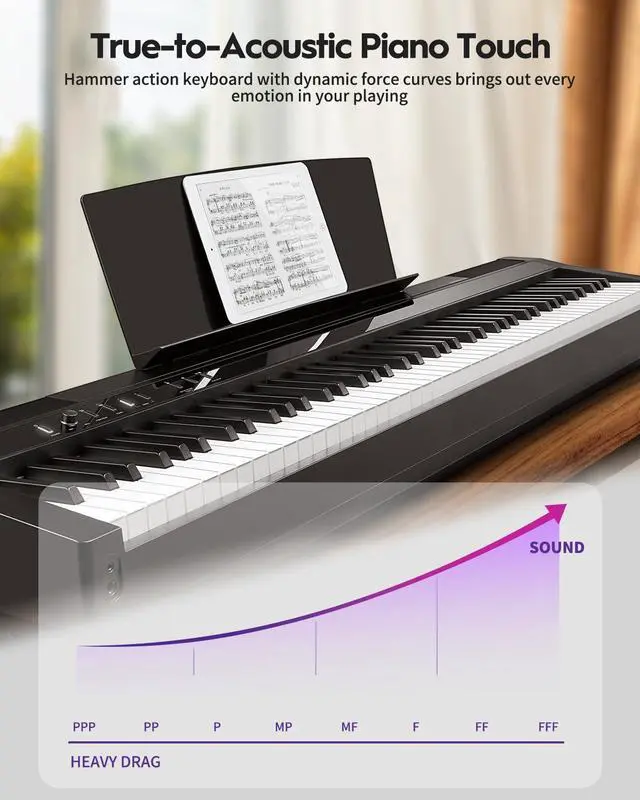 Alt view image 3 of 7 - Digital Piano 88 Key Full Size Weighted Keyboard, Hammer-Action Portable Electric Piano For Beginner Adults, Bundle With Sustain Pedal, Piano Stickers, Music Rest, Black, SDP-P7