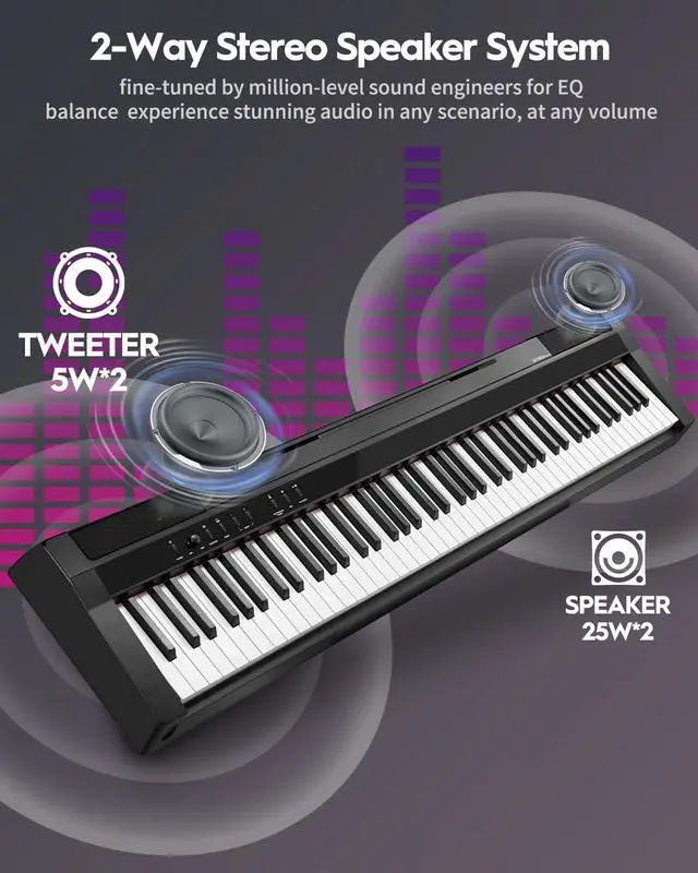 Alt view image 4 of 7 - Digital Piano 88 Key Full Size Weighted Keyboard, Hammer-Action Portable Electric Piano For Beginner Adults, Bundle With Sustain Pedal, Piano Stickers, Music Rest, Black, SDP-P7