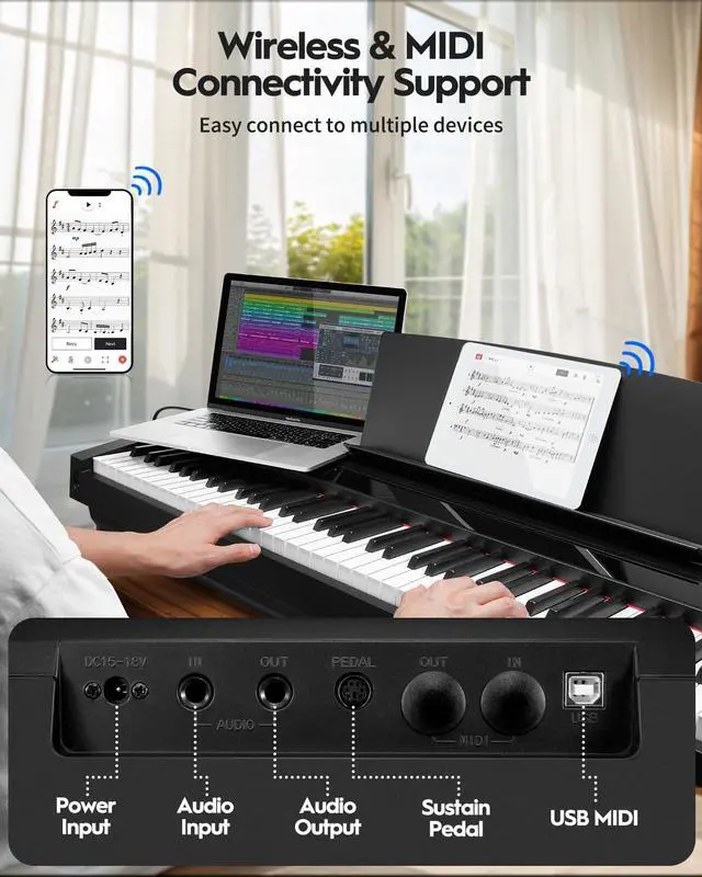 Alt view image 5 of 7 - Digital Piano 88 Key Full Size Weighted Keyboard, Hammer-Action Portable Electric Piano For Beginner Adults, Bundle With Sustain Pedal, Piano Stickers, Music Rest, Black, SDP-P7