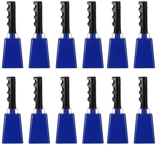 Main image of 9inch Cow Bells for Football Games, 12pcs Cowbells for Sporting Events Bulk Loud Noise Makers Metal Cow Bell with Handle for Cheering Competition Marathon Wedding DIY Paint, Blue