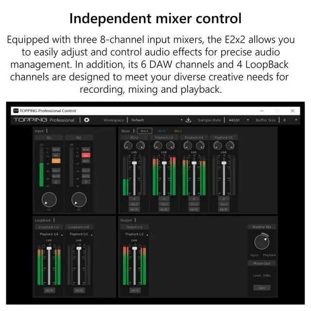 Alt view image 7 of 7 - E2X2 USB Audio Interface - High-Performance Mixer & Recording Interface for PC, Mac, iPhone & Android - Ultra-Linear Preamp, 48V Phantom Power, Low Noise, Real-Time Monitoring (Black)