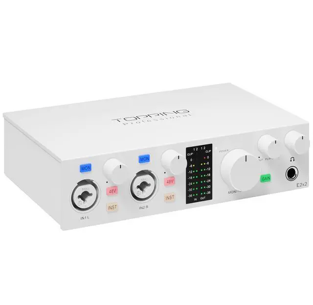 Alt view image 3 of 7 - E2X2 USB Audio Interface - High-Performance Mixer & Recording Interface for PC, Mac, iPhone & Android - Ultra-Linear Preamp, 48V Phantom Power, Low Noise, Real-Time Monitoring (White)