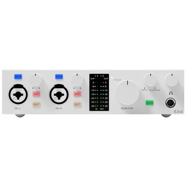 Alt view image 2 of 7 - E2X2 USB Audio Interface - High-Performance Mixer & Recording Interface for PC, Mac, iPhone & Android - Ultra-Linear Preamp, 48V Phantom Power, Low Noise, Real-Time Monitoring (White)
