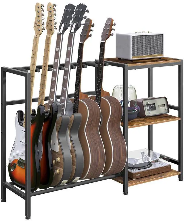 Main image of Guitar Stand, Guitar Holder for 6 String Instruments, Suitable for Acoustic Guitar, Bass, Guitar Rack with Side Shelves for Record Player, with Non-Slip Rubber Pads, Rustic Brown GSHR9701V1