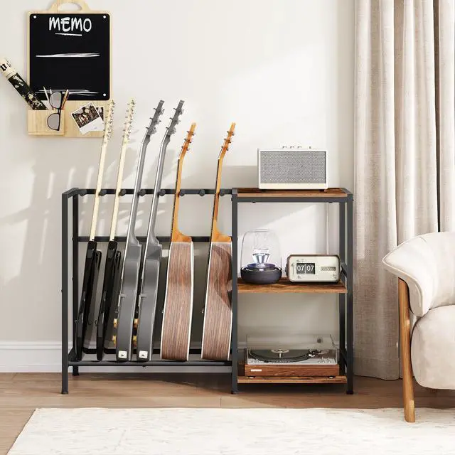 Alt view image 2 of 7 - Guitar Stand, Guitar Holder for 6 String Instruments, Suitable for Acoustic Guitar, Bass, Guitar Rack with Side Shelves for Record Player, with Non-Slip Rubber Pads, Rustic Brown GSHR9701V1