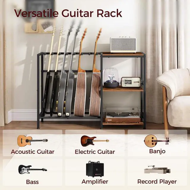 Alt view image 3 of 7 - Guitar Stand, Guitar Holder for 6 String Instruments, Suitable for Acoustic Guitar, Bass, Guitar Rack with Side Shelves for Record Player, with Non-Slip Rubber Pads, Rustic Brown GSHR9701V1