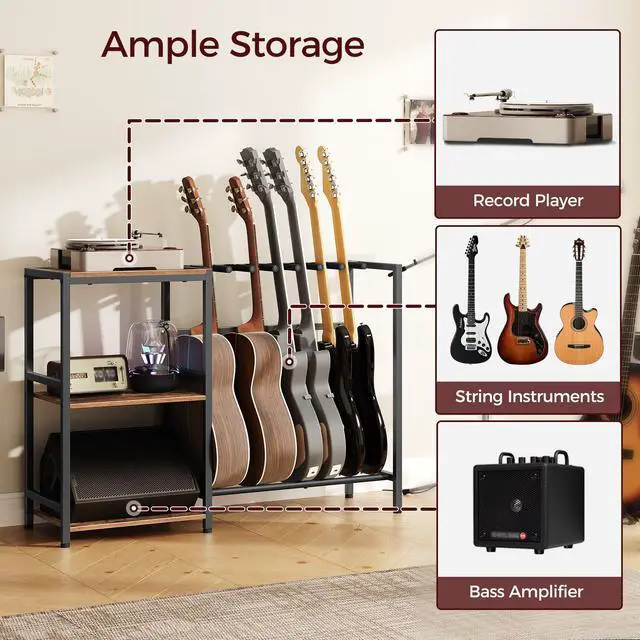 Alt view image 6 of 7 - Guitar Stand, Guitar Holder for 6 String Instruments, Suitable for Acoustic Guitar, Bass, Guitar Rack with Side Shelves for Record Player, with Non-Slip Rubber Pads, Rustic Brown GSHR9701V1